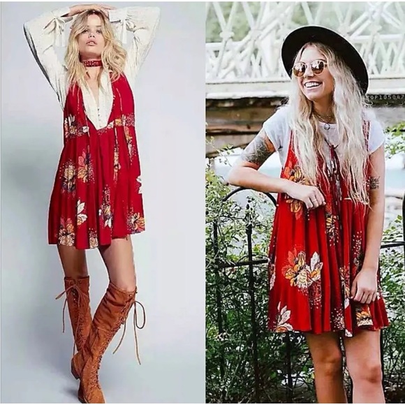 Free People Lovely Day Printed Tie Tunic Dress Black Combo Plunging - Picture 14 of 14